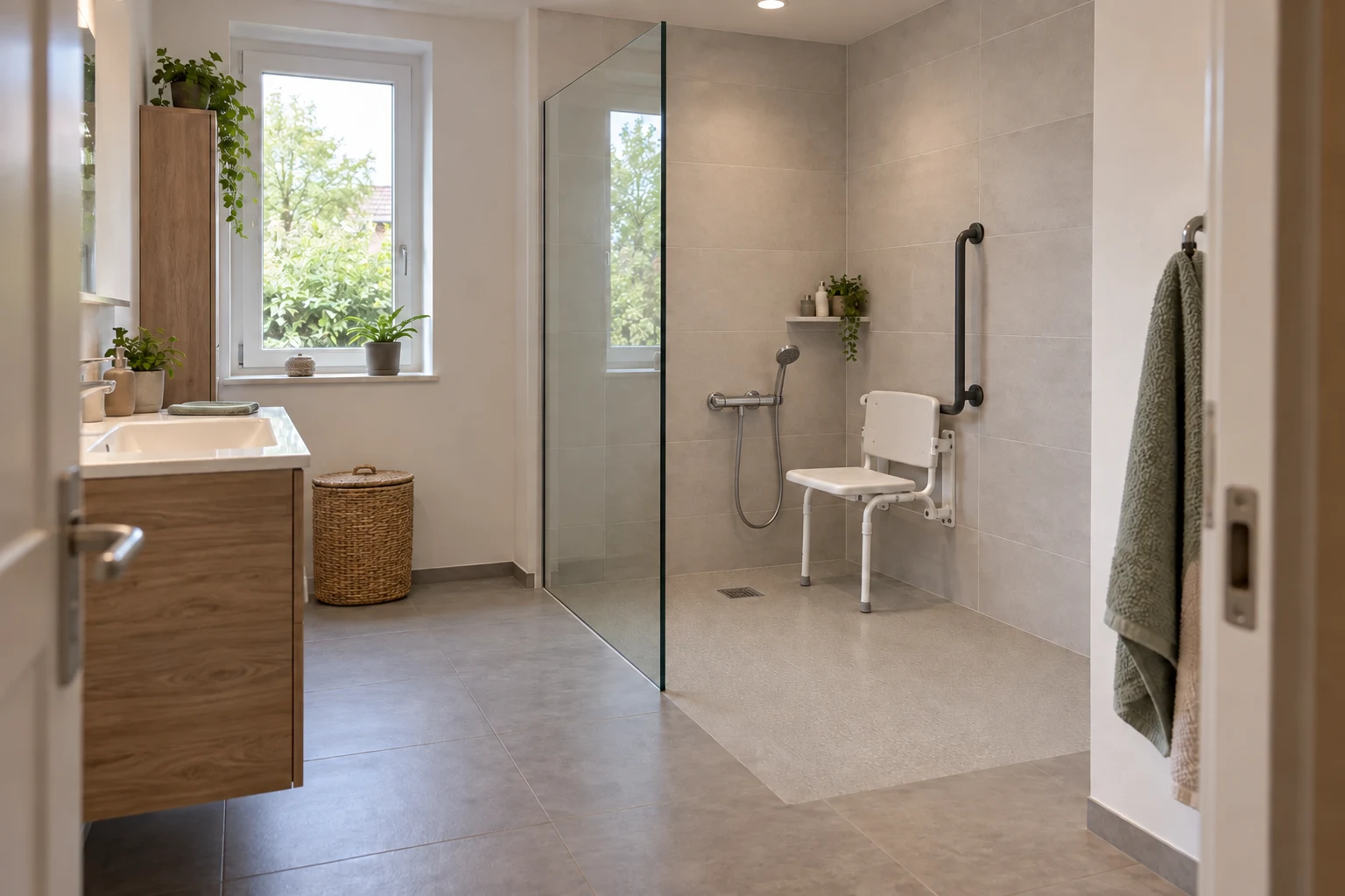 Douche de plain-pied avec siège mural à pieds, barre d’appui et douchette sur support bas près de l’assise.
